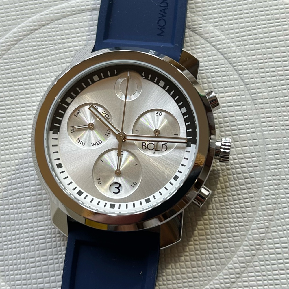 Movado Bold Trend Propel Watch With 44mm Silver Face & NavyBlue Silicon Band